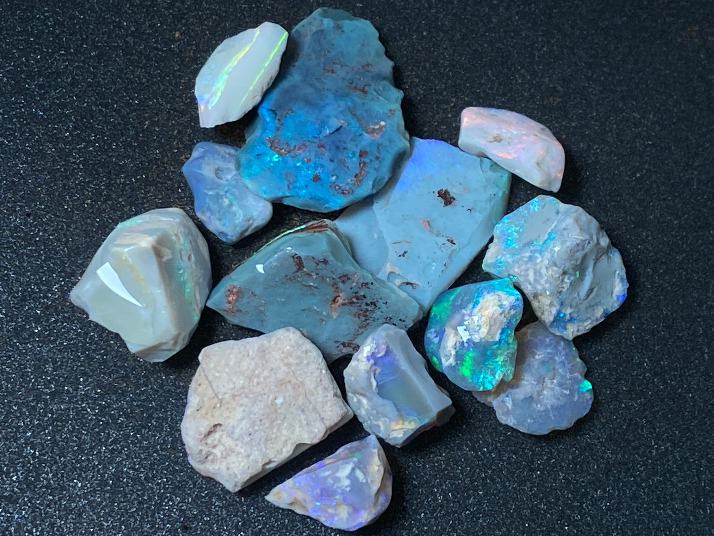 70 Cts, Natural Australian Opal Parcel, 13 Stones Lightning Ridge In The Rough, Crystal and Black