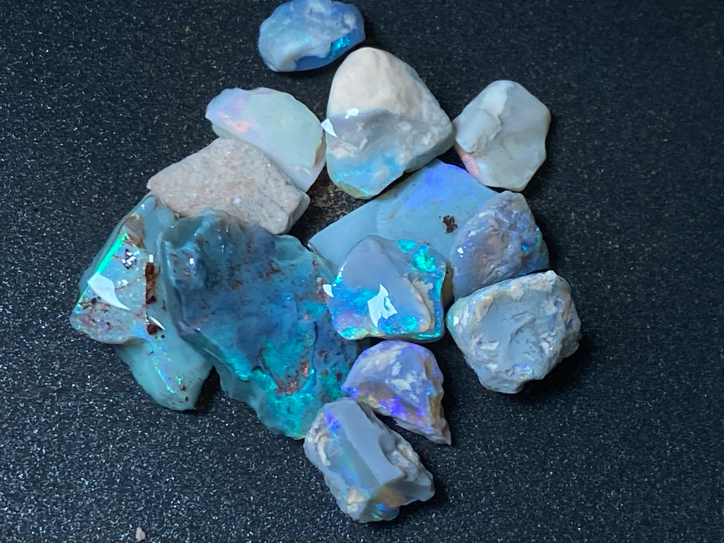 70 Cts, Natural Australian Opal Parcel, 13 Stones Lightning Ridge In The Rough, Crystal and Black