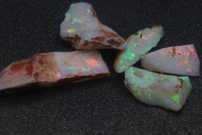 0.2oz, 32Cts Coober Pedy White Opal Parcel, 5 Stones, Shaped In The Rough, A Grade, Brilliant Colors Greens,Blues and Reds. - Australian Opal Store