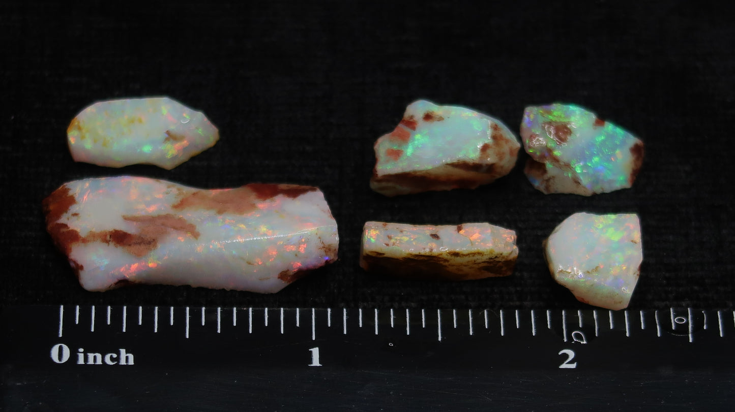 0.2oz, 30Cts Coober Pedy White Opal Parcel, 6 Stones, A Grade, Shaped In The Rough, Brilliant Colors Greens,Blues and Reds. - Australian Opal Store