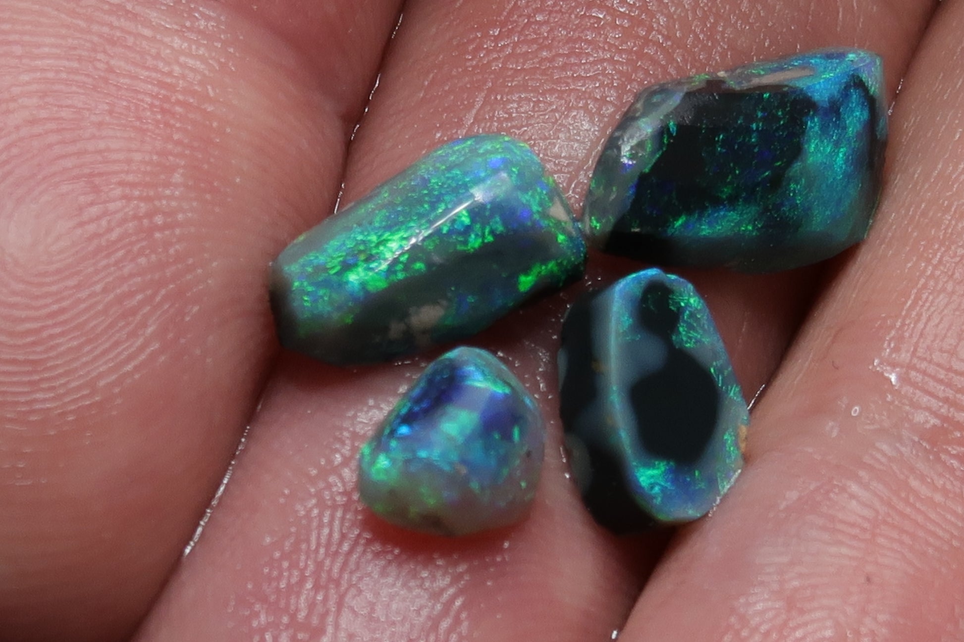 6.3Cts Lightning Ridge Black Opal Rubs Parcel, 4 Stones, Bright Greens And Blues. - Australian Opal Store