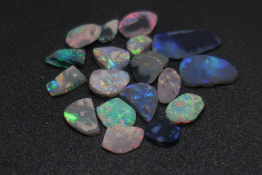 38cts Natural Australian Opal Rubs Parcel, 17 Small Stones, Bright, Black Lightning Ridge - Australian Opal Store